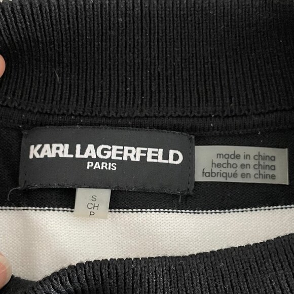 Karl Lagerfeld LS Striped Ribbed Mock Turtleneck Sweater Blk Wht Gry Pink Sz S - Picture 9 of 11